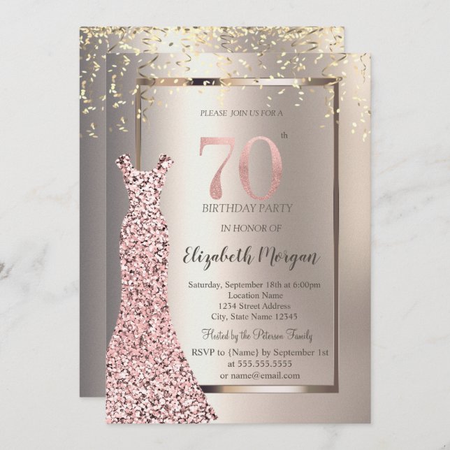 Sequins Rose Gold Dress Ivory 70th Birthday Invitation (Front/Back)