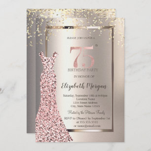 Sequins Rose Gold Dress Ivory 75th Birthday Invitation