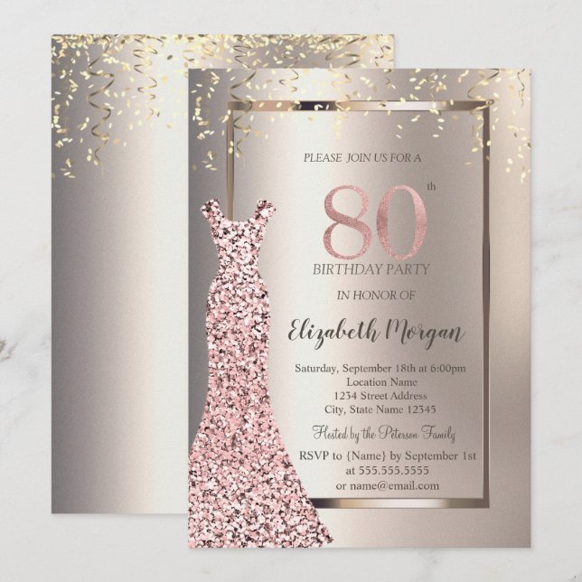 Sequins Rose Gold Dress Ivory 80th Birthday Invitation (Front/Back)