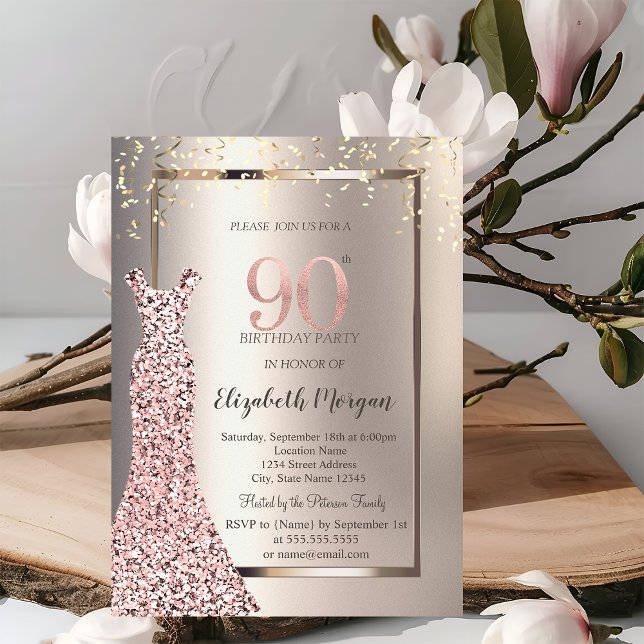 Sequins Rose Gold Dress Ivory 90th Birthday Invitation (Creator Uploaded)