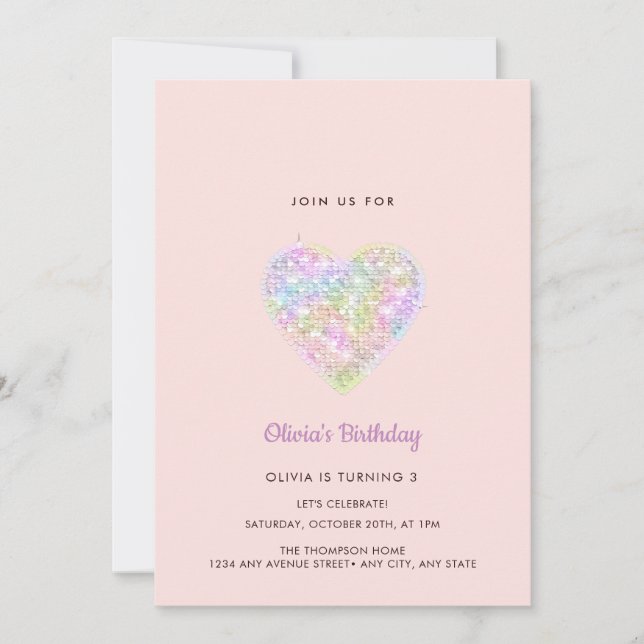 Sequins Sparkling Rainbow Heart Birthday  Invitation (Front)