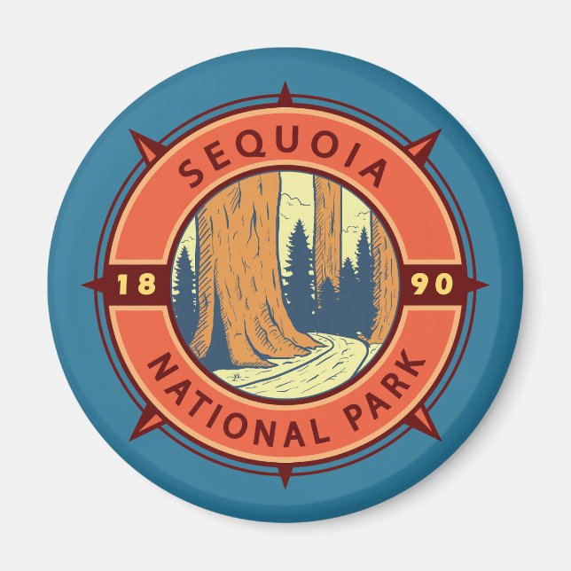 Sequoia National Park Illustration Retro Compass Magnet (Front)