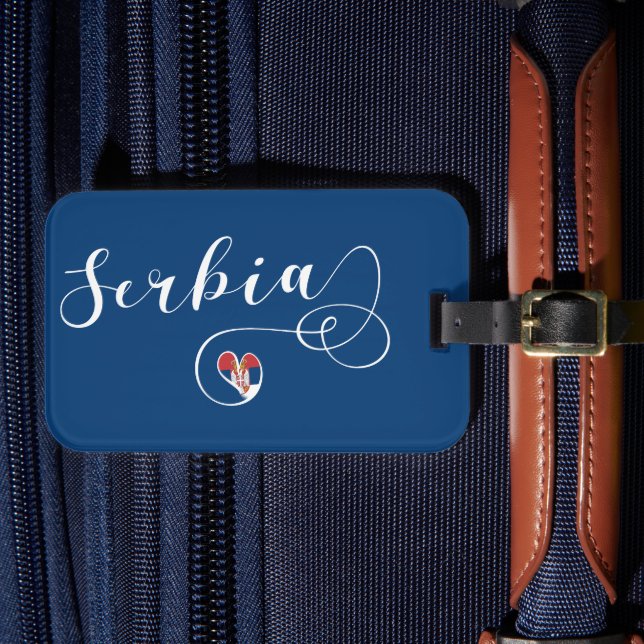 Serbia Flag Heart, Republika Srbija Luggage Tag (Front Insitu 4)