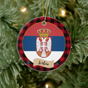 Serbia, Red buffalo plaid & Serbian Flag Ceramic Ornament