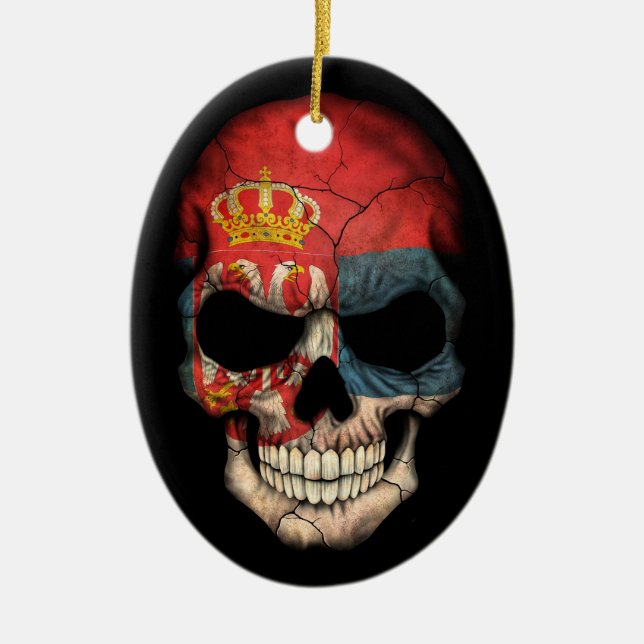 Serbian Flag Skull on Black Ceramic Tree Decoration (Front)