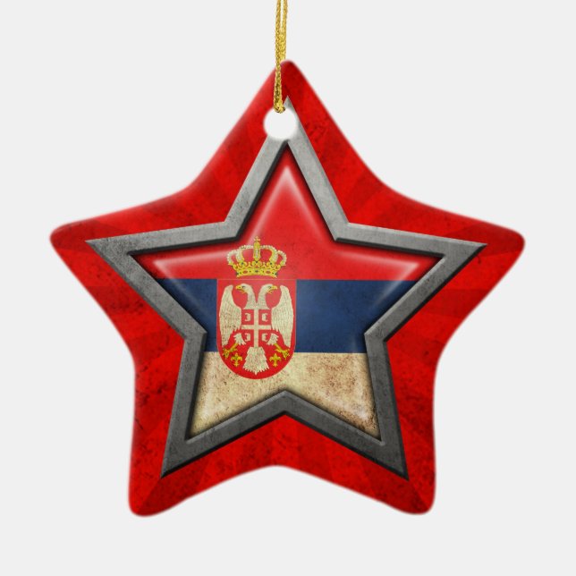 Serbian Flag Star with Rays of Light Ceramic Tree Decoration (Front)