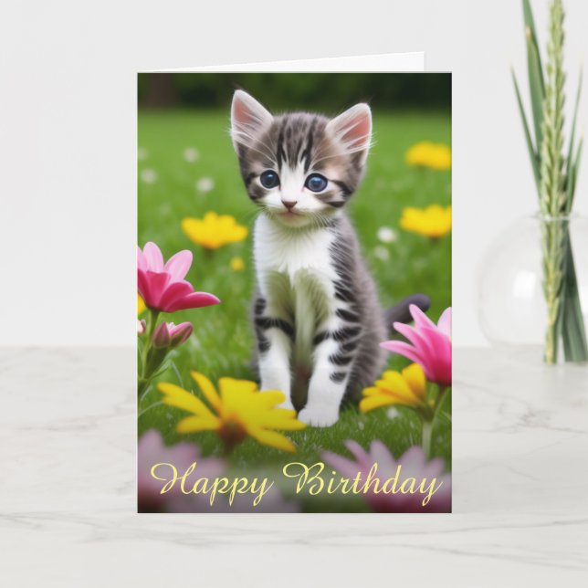 Sereine Floral Yellow & Pink Meadow Kitten Card (Front)