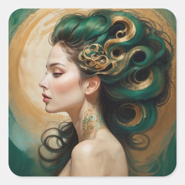“Serelith” - Curls of Celestial Jade   Square Sticker (Front)