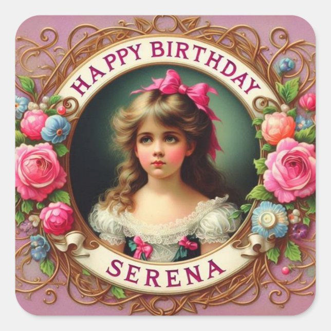 SERENA ~ HAPPY BIRTHDAY ~ Vintage Girl ~ Square Sticker (Front)