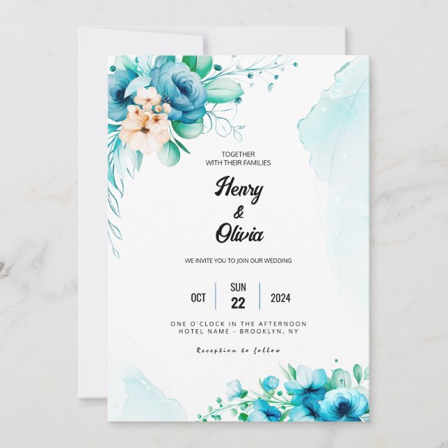 Serenade in Blue: Watercolor Floral Wedding Invitation (Front)