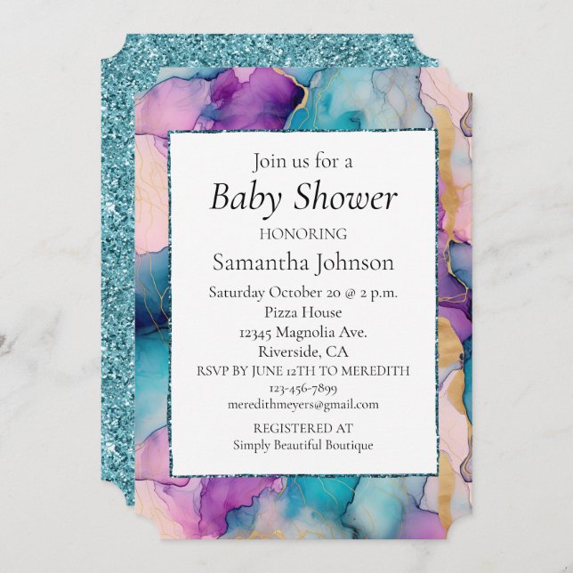 Serendipity Crystal Aqua Blue Purple Baby Shower Invitation (Front/Back)
