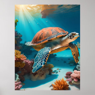 Serene 3D Sea Turtle in Ocean -Tranquil Marine Lif Poster