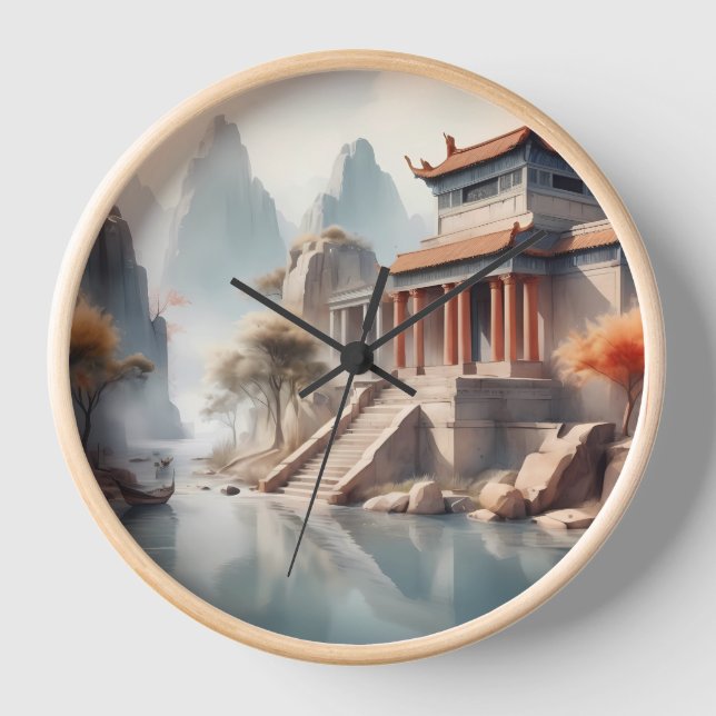 Serene Ancient Temple by the River – Watercolor  Clock (Front)