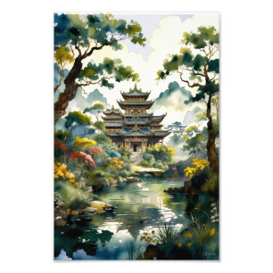Serene Ancient Temple by the River – Watercolor Fa Photo Print