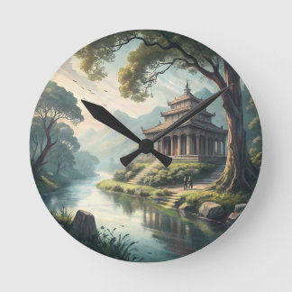 Serene Ancient Temple by the River – Watercolor Fa Round Clock