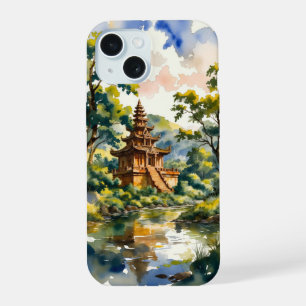 Serene Ancient Temple by the River – Watercolor iPhone 15 Case