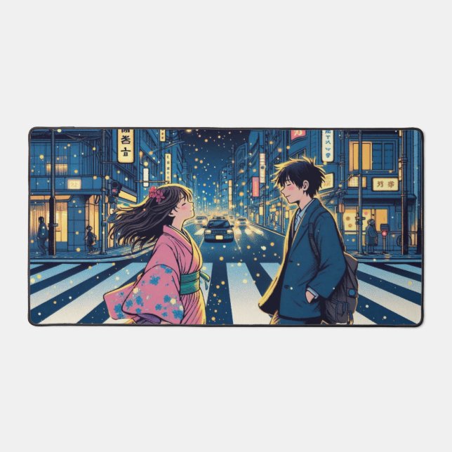 Serene Anime Couple on a City Street Desk Mat (Front)