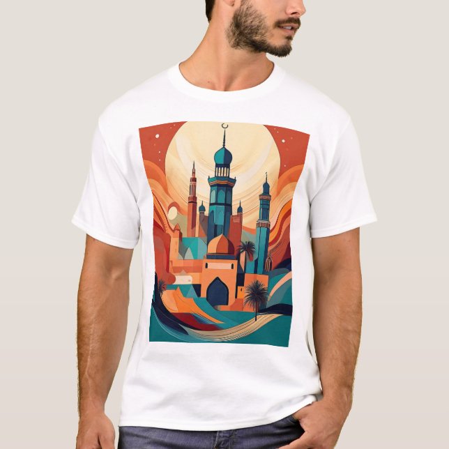 Serene Arabian Mosque: Cultural Art Print T-Shirt (Front)