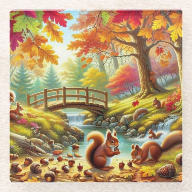 Serene Autumn Forest Scene Painting Glass Coaster (Front)