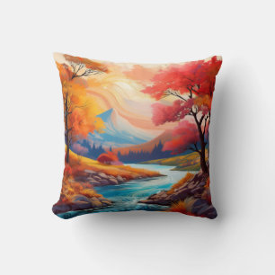 Serene Autumn Landscape with Flowing River Cushion