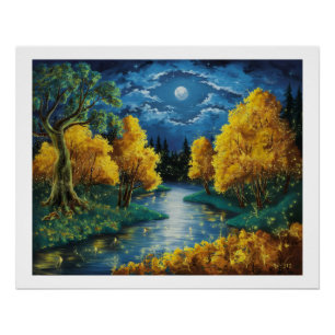 Serene Autumn Night Landscape Oil Painting Poster