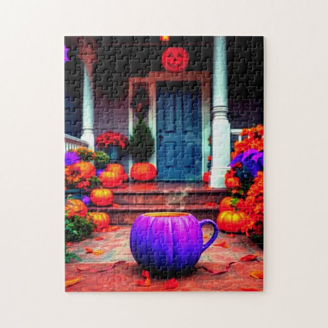 Serene Autumn Scene with Purple Pumpkin Coffee Jigsaw Puzzle (Vertical)