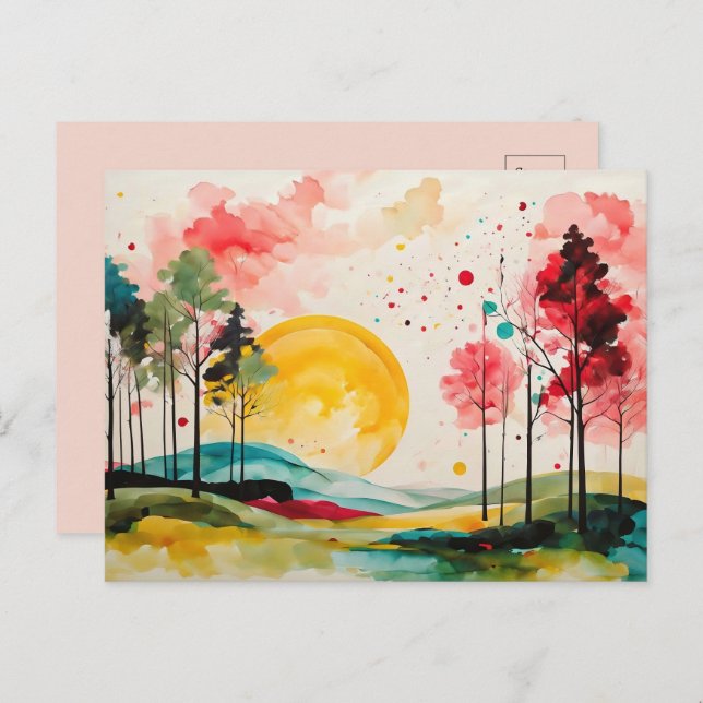 Serene Autumn Watercolor Landscape Postcard (Front/Back)
