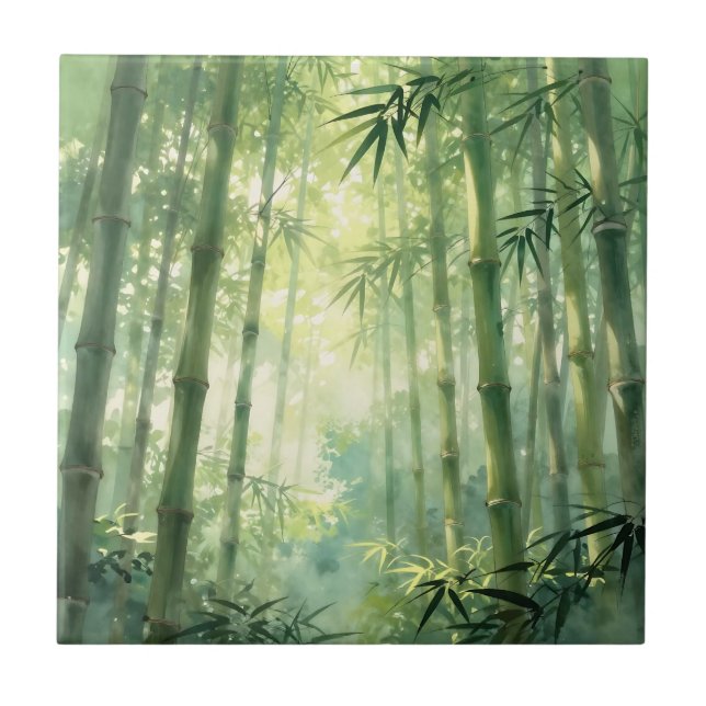 Serene Bamboo Forest Mist Glow Ceramic Tile (Front)