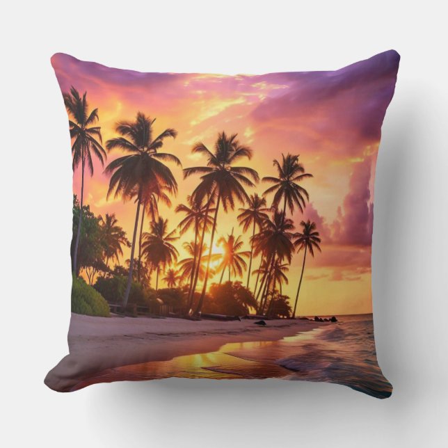 Serene Beach Sunset Palm Trees Pillow (Front)