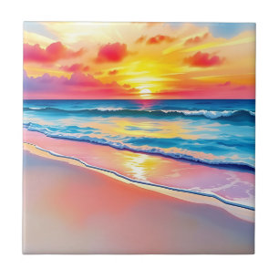 Serene Beach Sunset with Vibrant Reflections Ceramic Tile