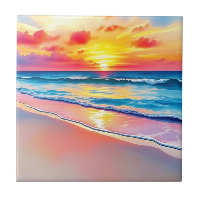 Serene Beach Sunset with Vibrant Reflections Ceramic Tile (Front)