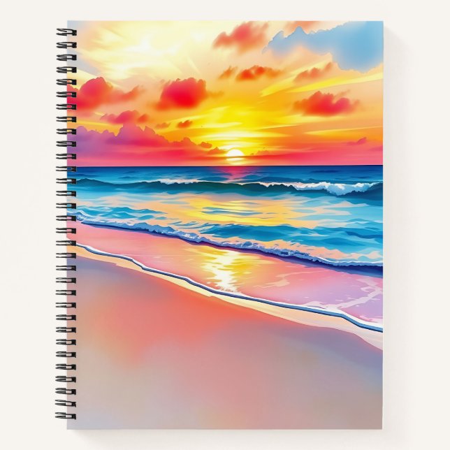 Serene Beach Sunset with Vibrant Reflections Notebook (Front)