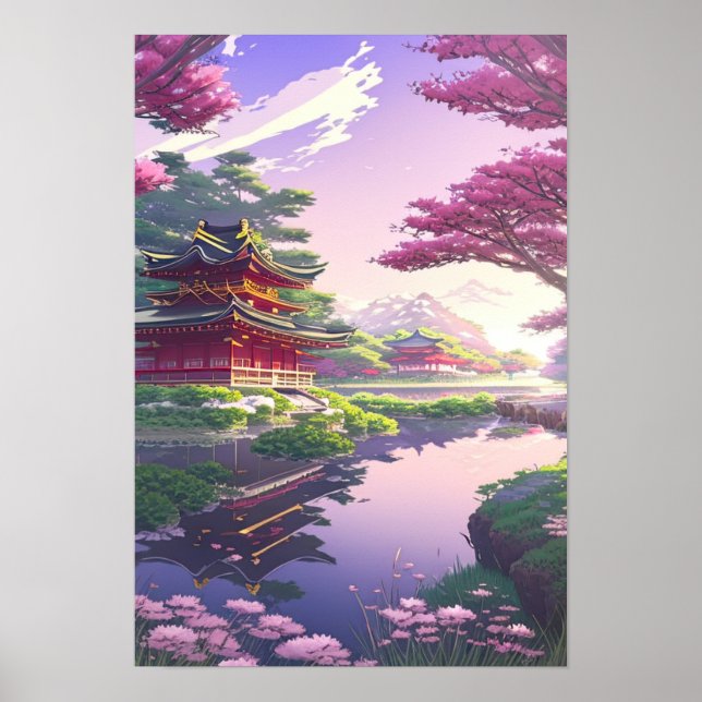 Serene Beauty, Japanese Temple by the Calm River Poster (Front)