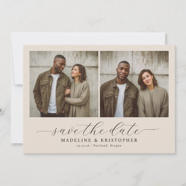 Serene Beige Minimalist Photo Collage Save The Date (Front)