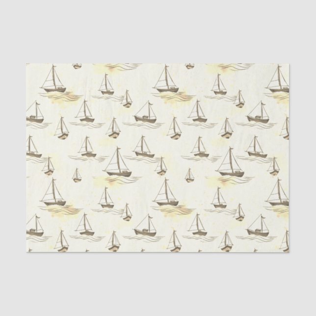 Serene Beige Sailing Boats on Sea Pattern Tissue Paper (Front)
