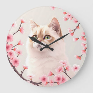 Serene Birman Cat Portrait With Cherry Blossoms  Large Clock