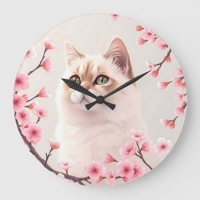 Serene Birman Cat Portrait With Cherry Blossoms  Large Clock (Front)