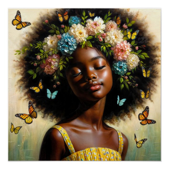 Serene Black Girl With Afro and Floral Crown Poster (Front)