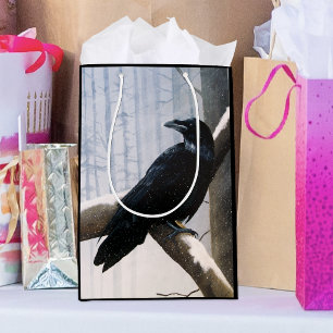 Serene Black Raven Snow Winter Forest Medium Gift Bag