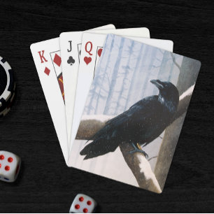 Serene Black Raven Snow Winter Forest Playing Cards