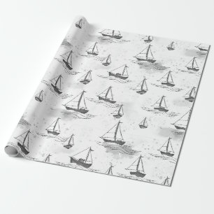 Serene Black White Sailing Boats on Sea Pattern Wrapping Paper