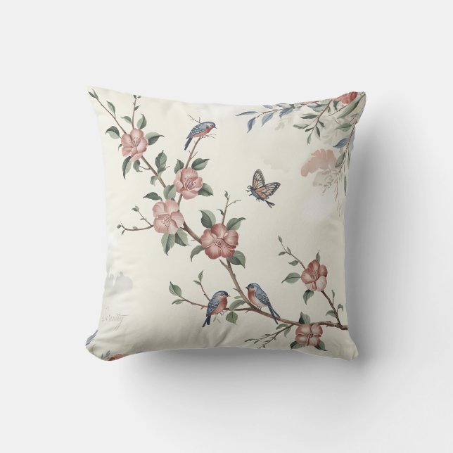Serene Blossom & Birds Throw Pillow (Front)
