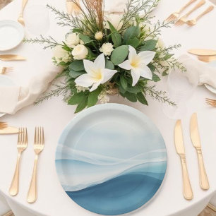 Serene Blue Abstract Wedding Paper Plate