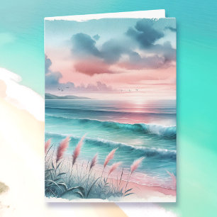 Serene Blue and Pink Coastal View Anniversary Card