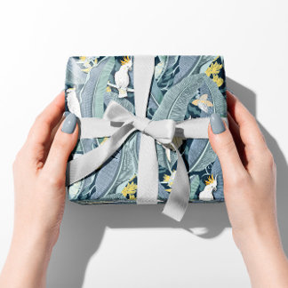 Serene Blue Banana Leaf Oasis with Cockatoos Wrapping Paper