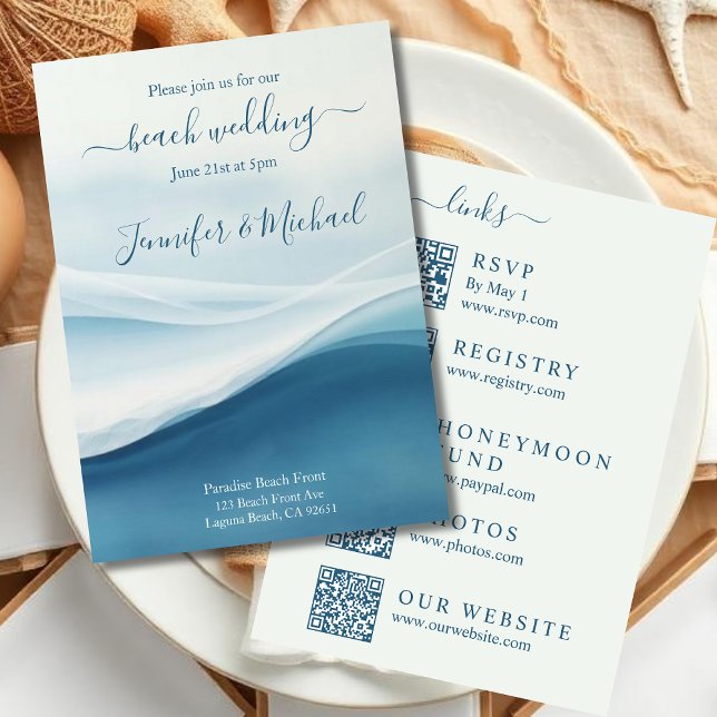 Serene Blue Beach Wedding-All In One Invitation (Serene Blue Abstract Beach Wedding Invitation All In One)