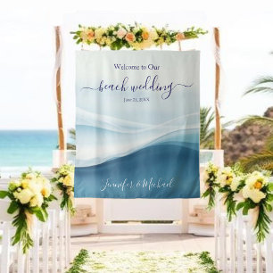 Serene Blue Beach Wedding Welcome Sign Tapestry