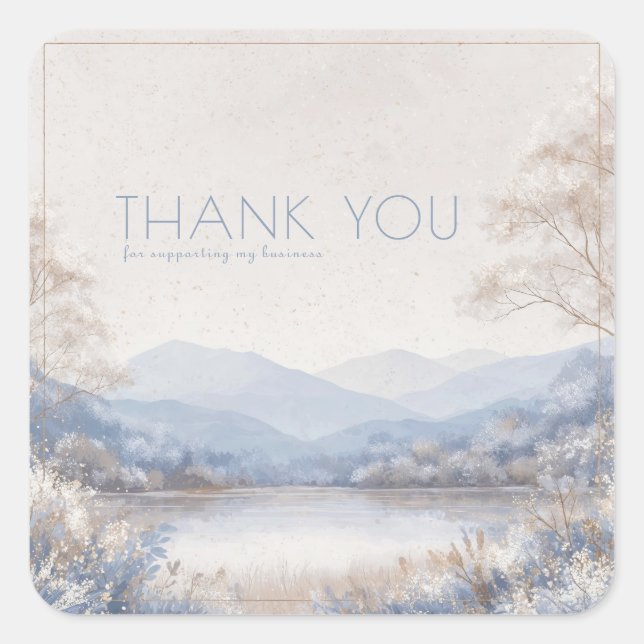 Serene Blue Beige Winter Landscape Gold Frame Square Sticker (Front)
