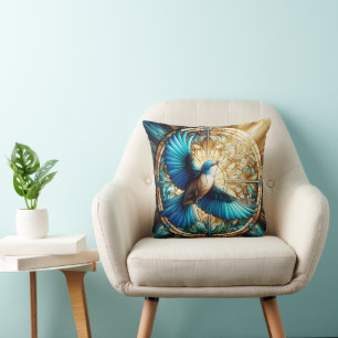 Serene Blue Bird Perched on Stained Glass Cushion