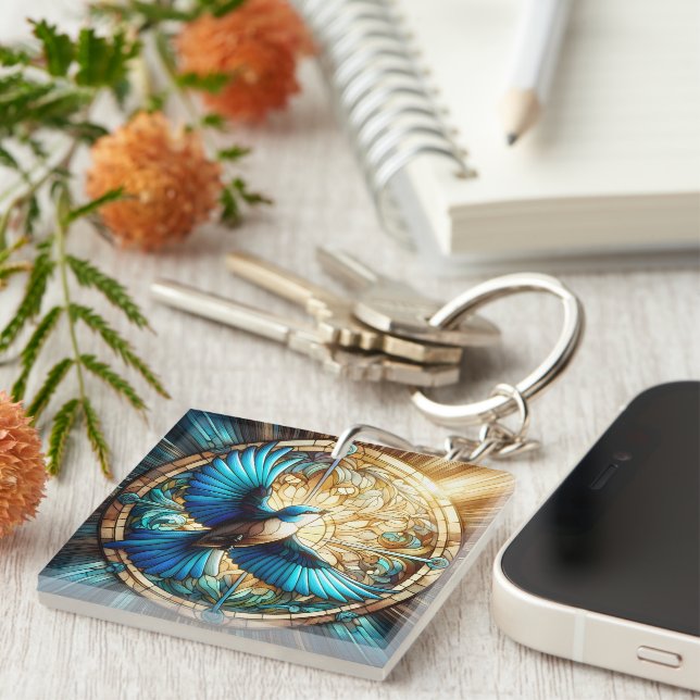 Serene Blue Bird Perched on Stained Glass Key Ring (Front Right)